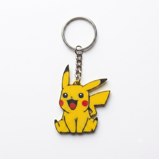 A Pikachu keychain featuring a yellow rubberized charm with black details, red cheeks, and a silver metal key ring and chain, shown on a plain white background.